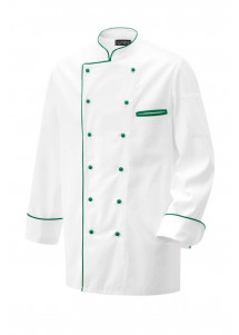 Weiße Kochjacke mit flaschengrüner Paspel