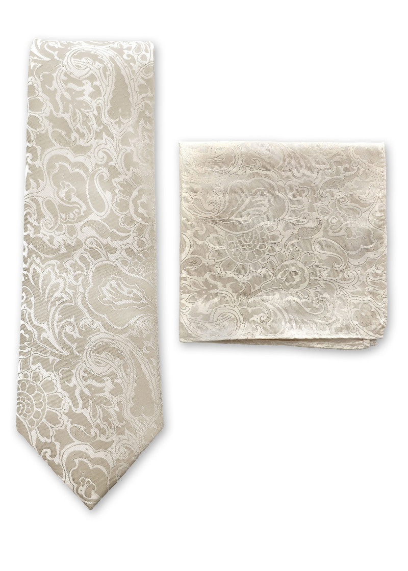Set Herrenkrawatte und Ziertuch Paisleymotiv creme