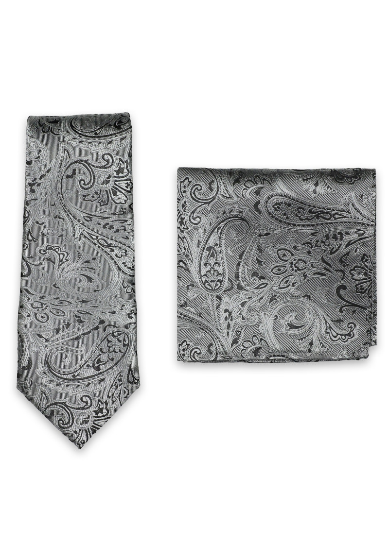 Set Krawatte und Kavaliertuch Paisley-Motiv silber