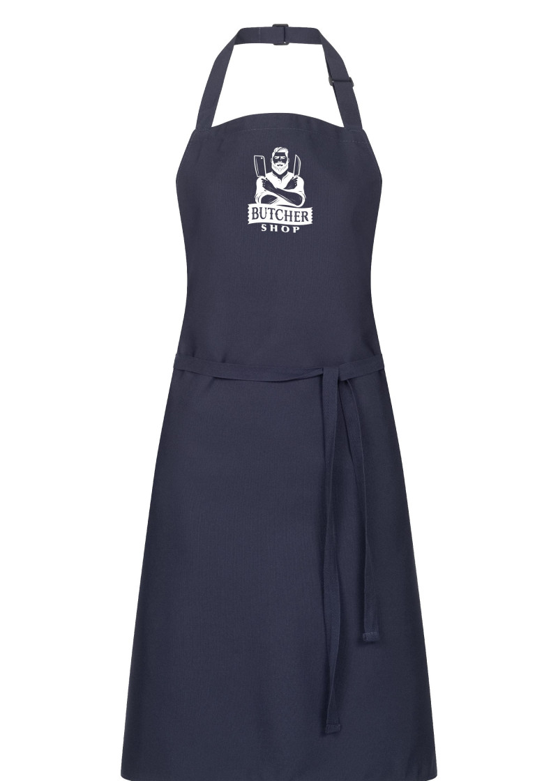 Dunkelblaue Latzschürze mit Metzgerei Logo