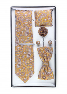 Geschenk-Set Paisleymotiv champagner  mit Herrenkrawatte, Herren-Schleife, Einstecktuch und Zubehör