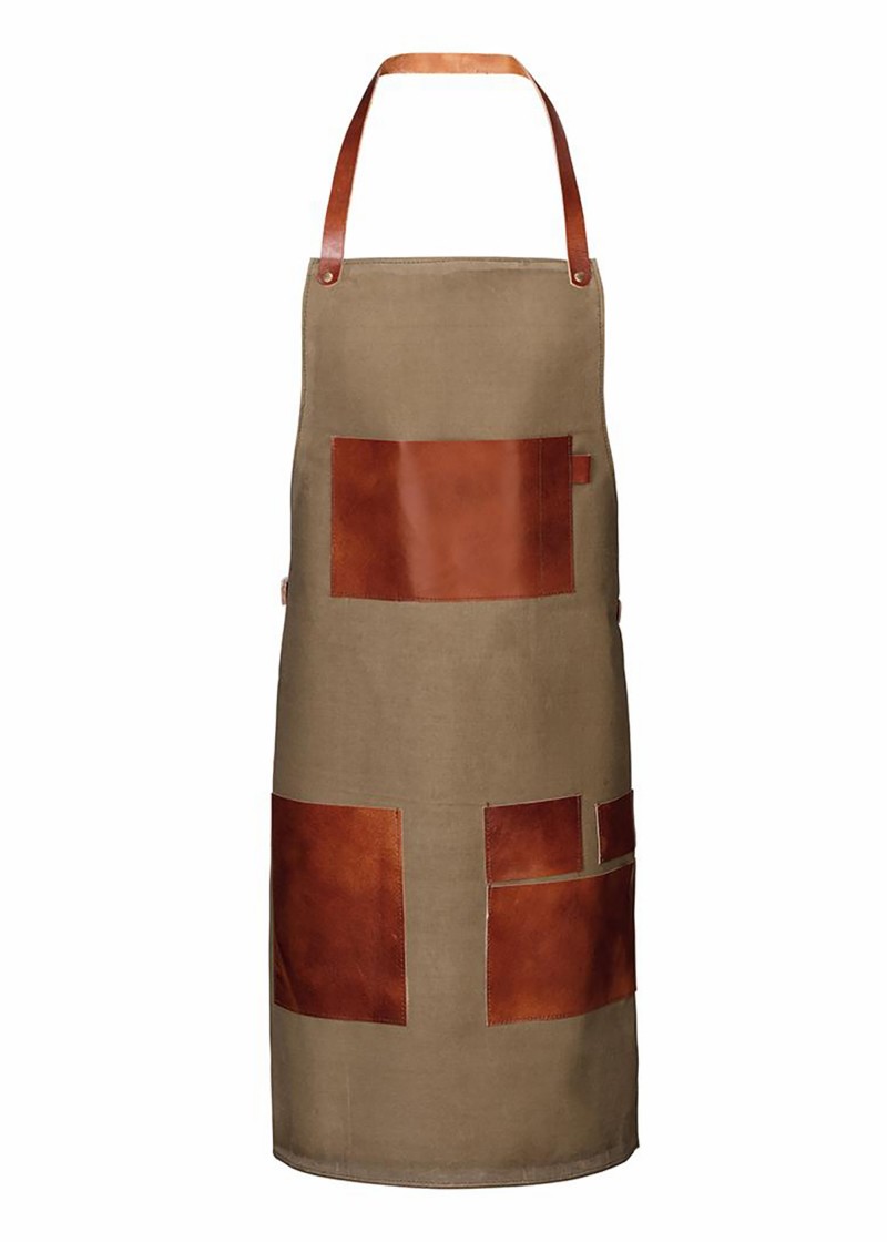 Schürze aus Baumwolle mit Ledertaschen - Olive