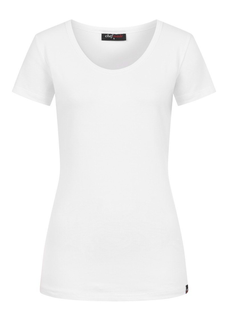 Damenshirt mit Stretch in weiß (großer Rundhals)