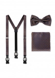 Set aus Hosenträger, Fliege, Einstecktuch Ornamentmuster (Gold/Braun/Blau)