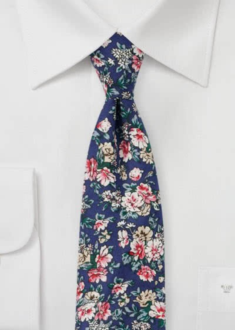 Herrenkrawatte Blumenmuster Baumwolle dunkelblau