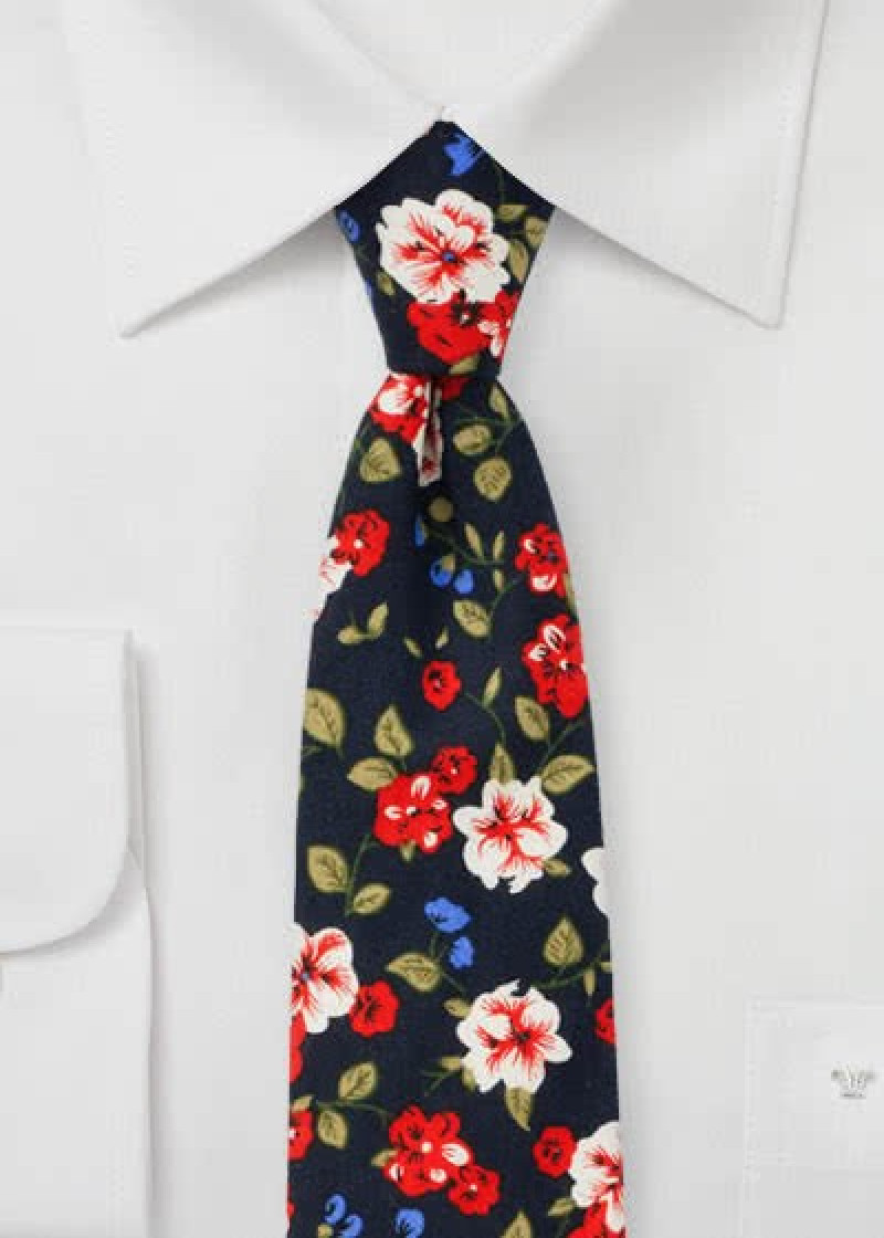 Krawatte Baumwolle Blumenmuster navyblau